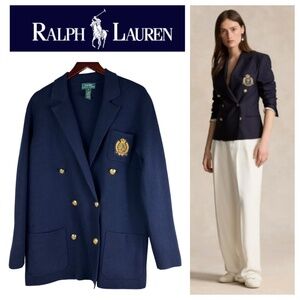 Ralph Lauren Jacket Blazer Sz Medium Knit WOOL Navy Blue Crested Double Breasted